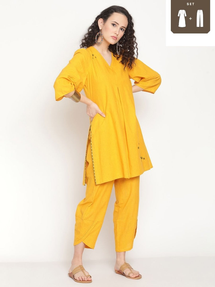 Sunset Orange Flared Kurta With Overlap Hem Pants