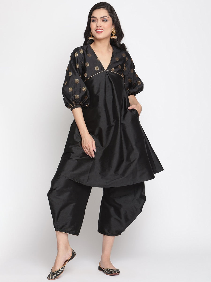 Coral-Black V-Neck Flared Banarasi Kurta