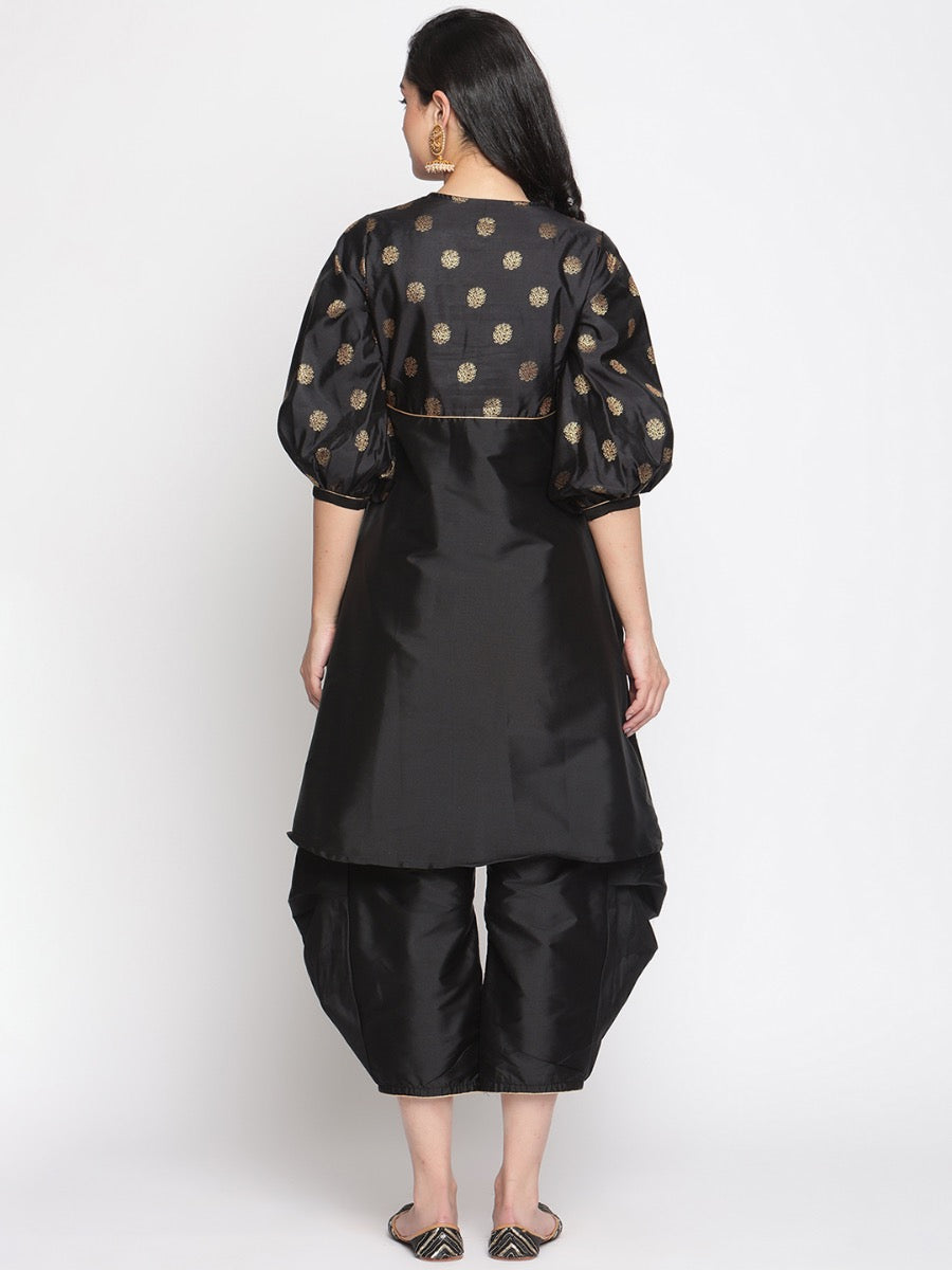 Coral-Black V-Neck Flared Banarasi Kurta