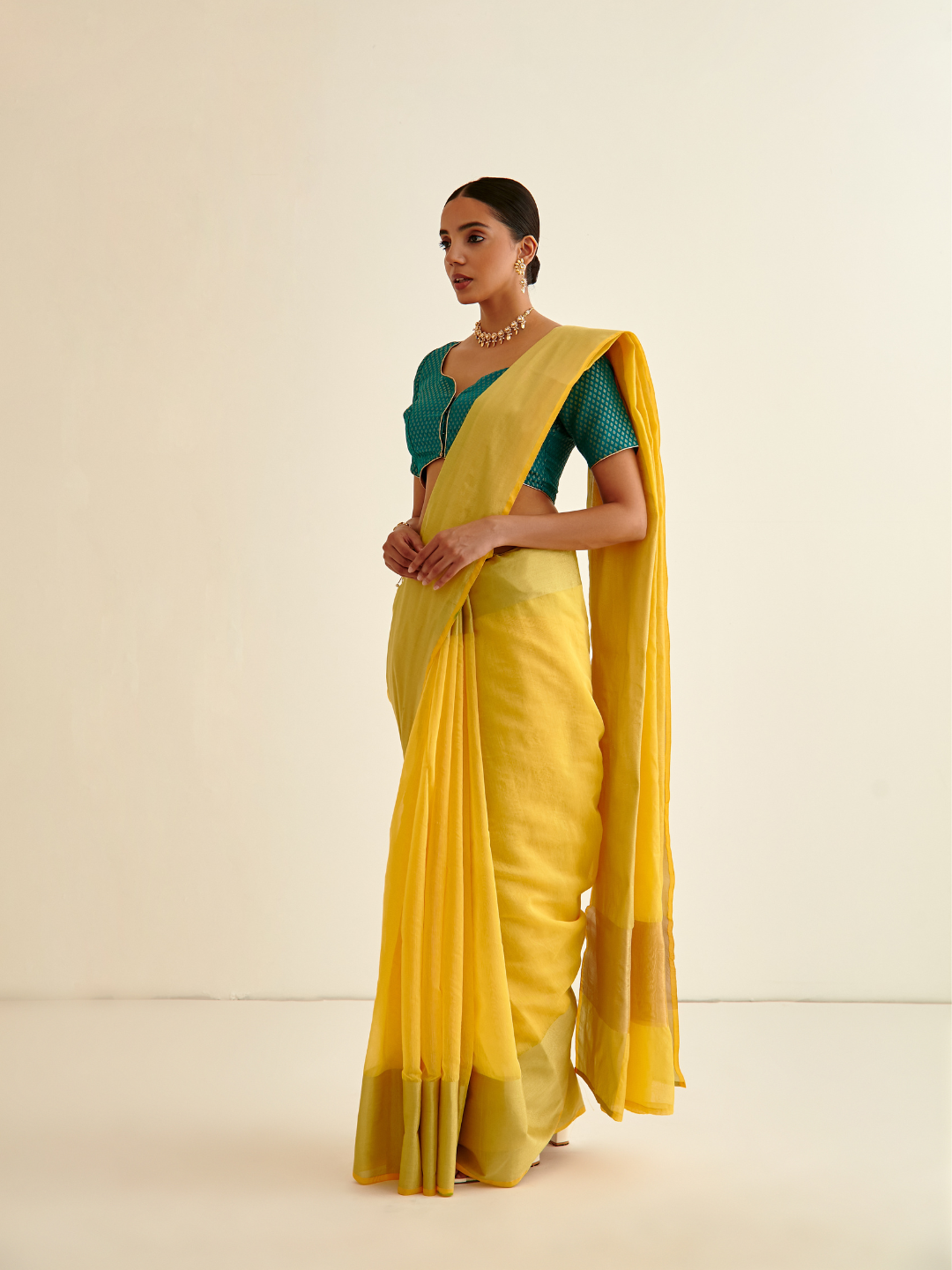 Banarasi Woven sari with soft gold contrasting border- Sunflower yellow