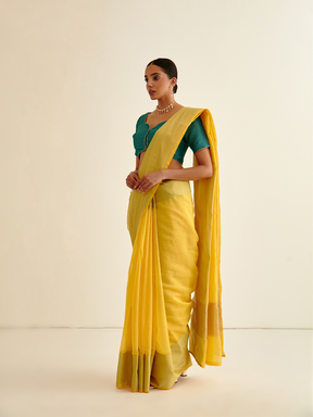 Banarasi Woven sari with soft gold contrasting border- Sunflower yellow