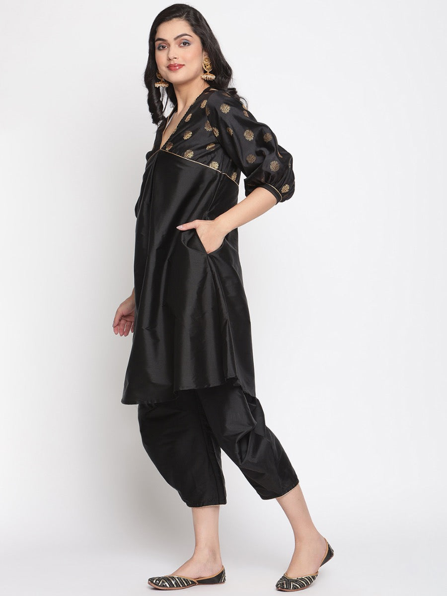 Coral-Black V-Neck Flared Banarasi Kurta
