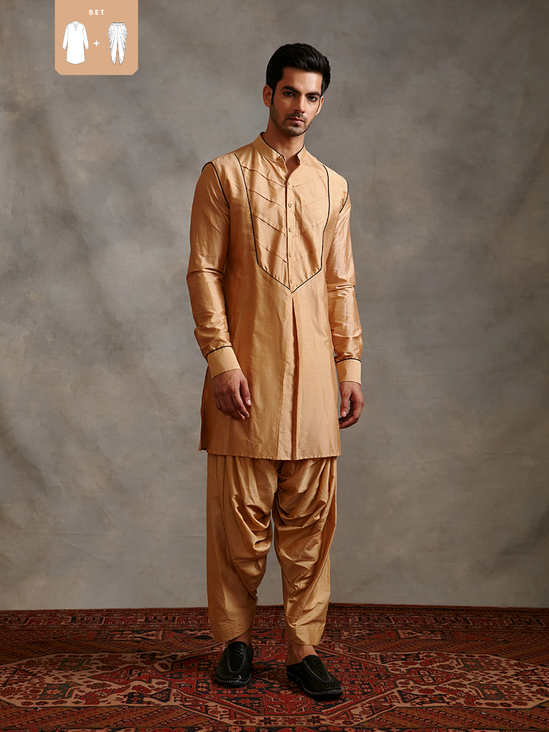 Banarasi kurta with contrasting detail paired with afghani pant-sand beige