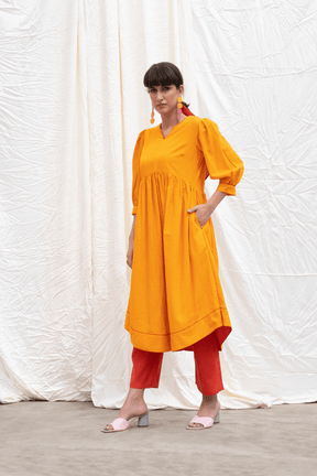 Oriole Orange Mangalgiri Gathered Kurta With Pants