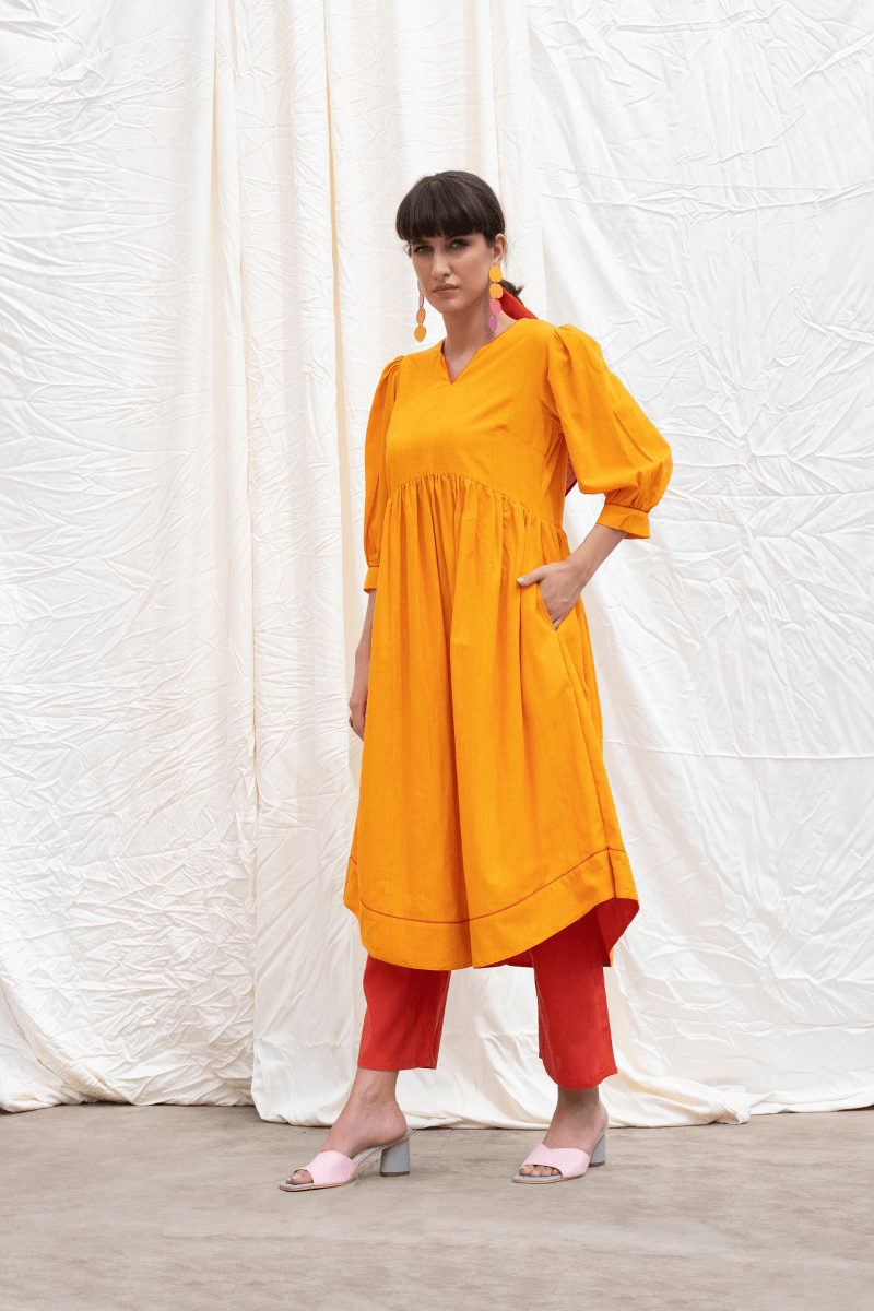 Oriole Orange Mangalgiri Gathered Kurta With Pants
