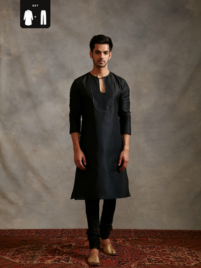 Banarasi Keyhole neck kurta with churidar pants-metallic black