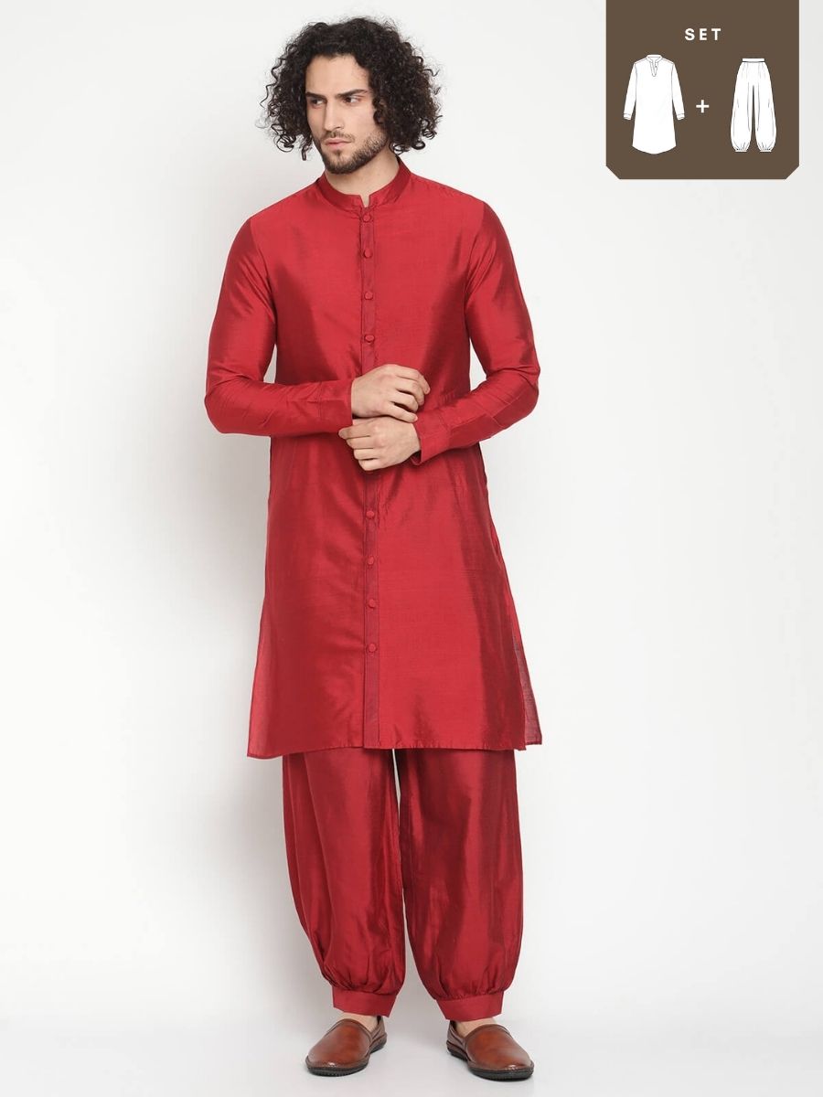 Men Red Button Down Kurta With Pathani Pants