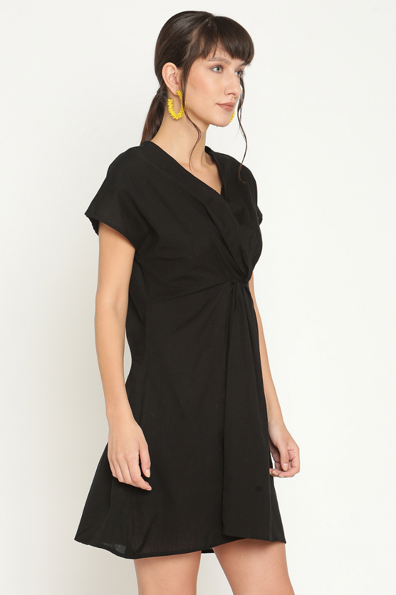 Front knot mini dress-Midnight Black