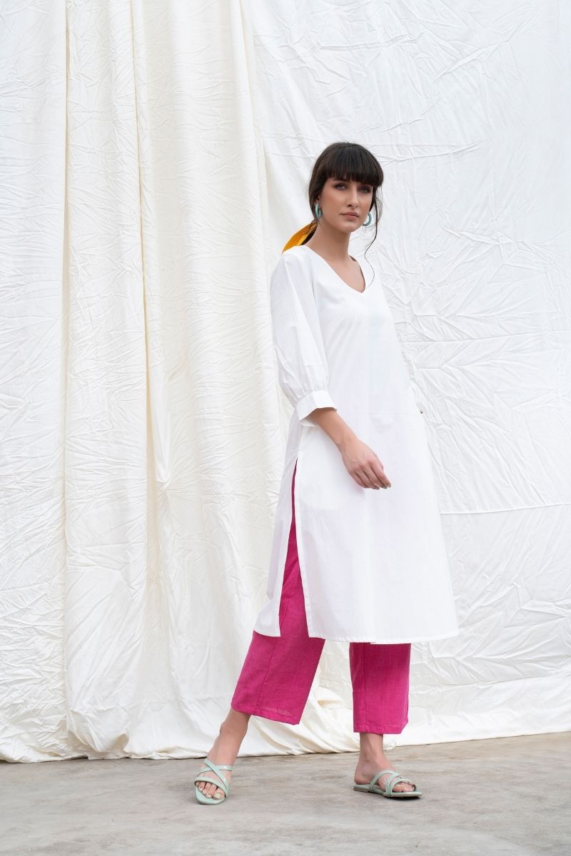 Marshmellow White Cotton Poplin A-Line Kurta With Pants