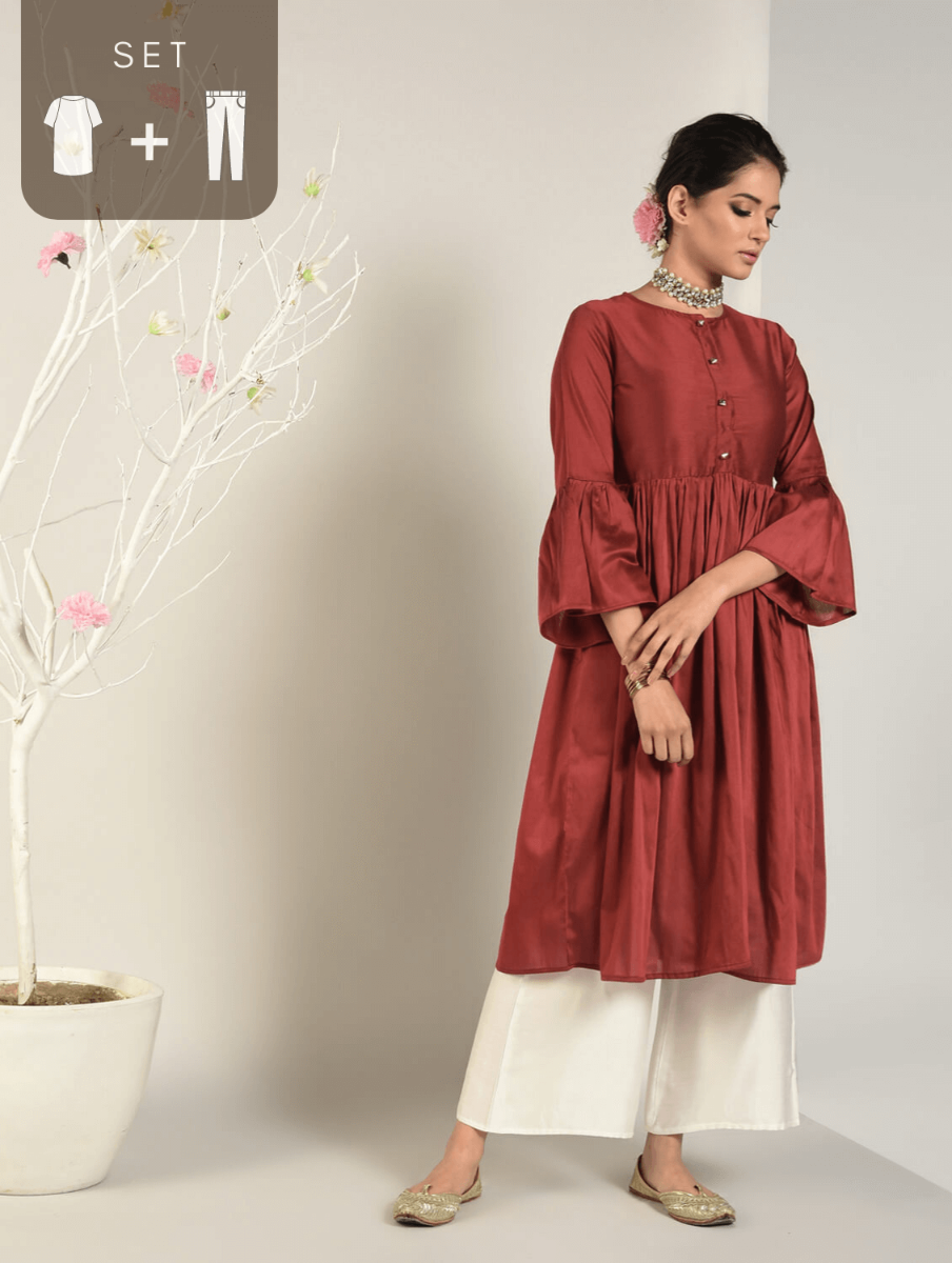 Abhishti Cotton Silk Gathered Bell Sleeve Kurta with Bottom