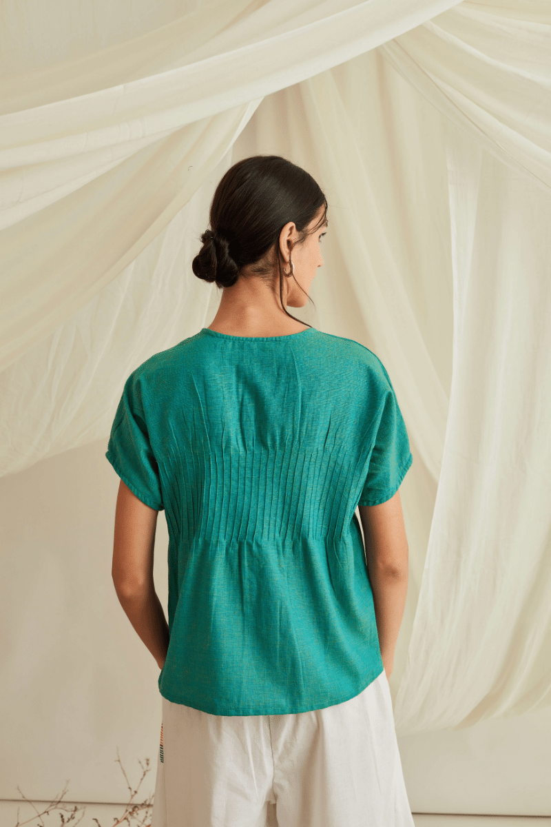 Pintucked button down top with pleated pants-Persian Green+Marshmallow White