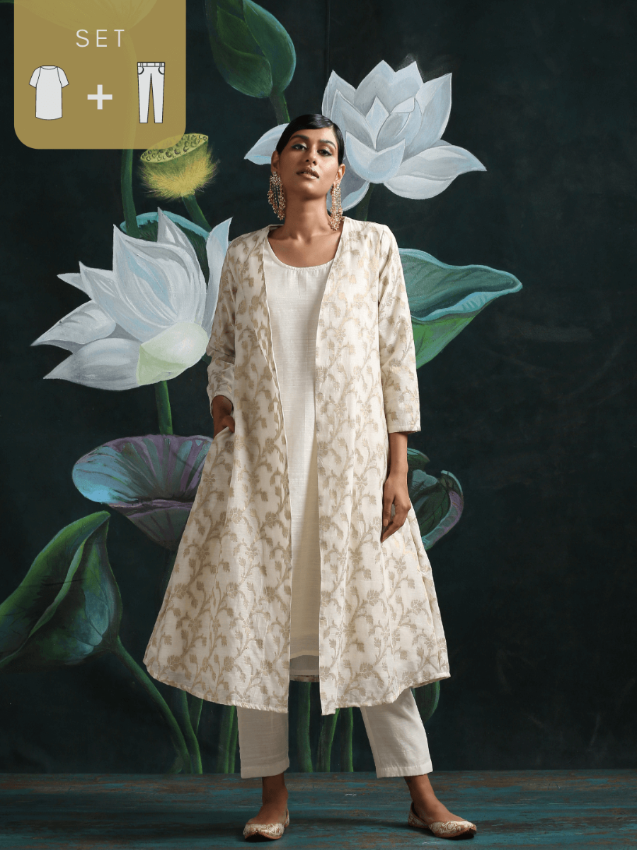 Cream Banarasi Long jacket & kurta with straight Pant