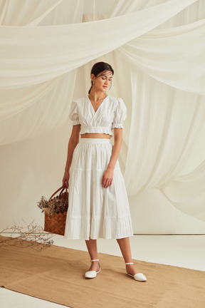 Button down pleated hem tiered skirt-Marshmallow White