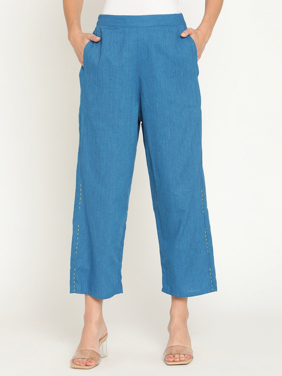 Blue Mangalgiri Straight Pants With Elaticated Waist