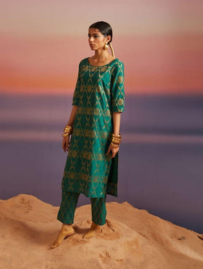 Coral Green Banarasi Straight Kurta With Straight Pants