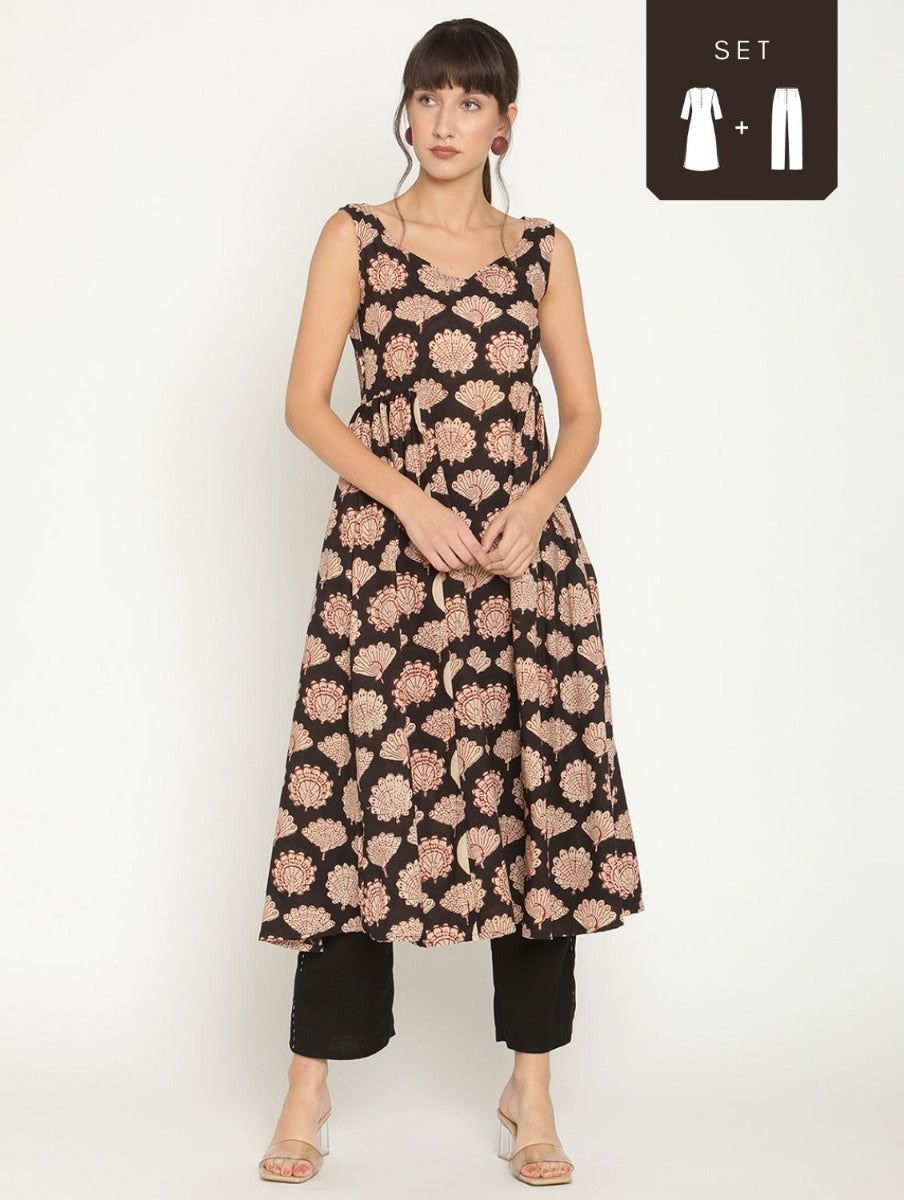 Abhishti block print kurta with sweetheart neckline & side gathers with straight bottom-Beige