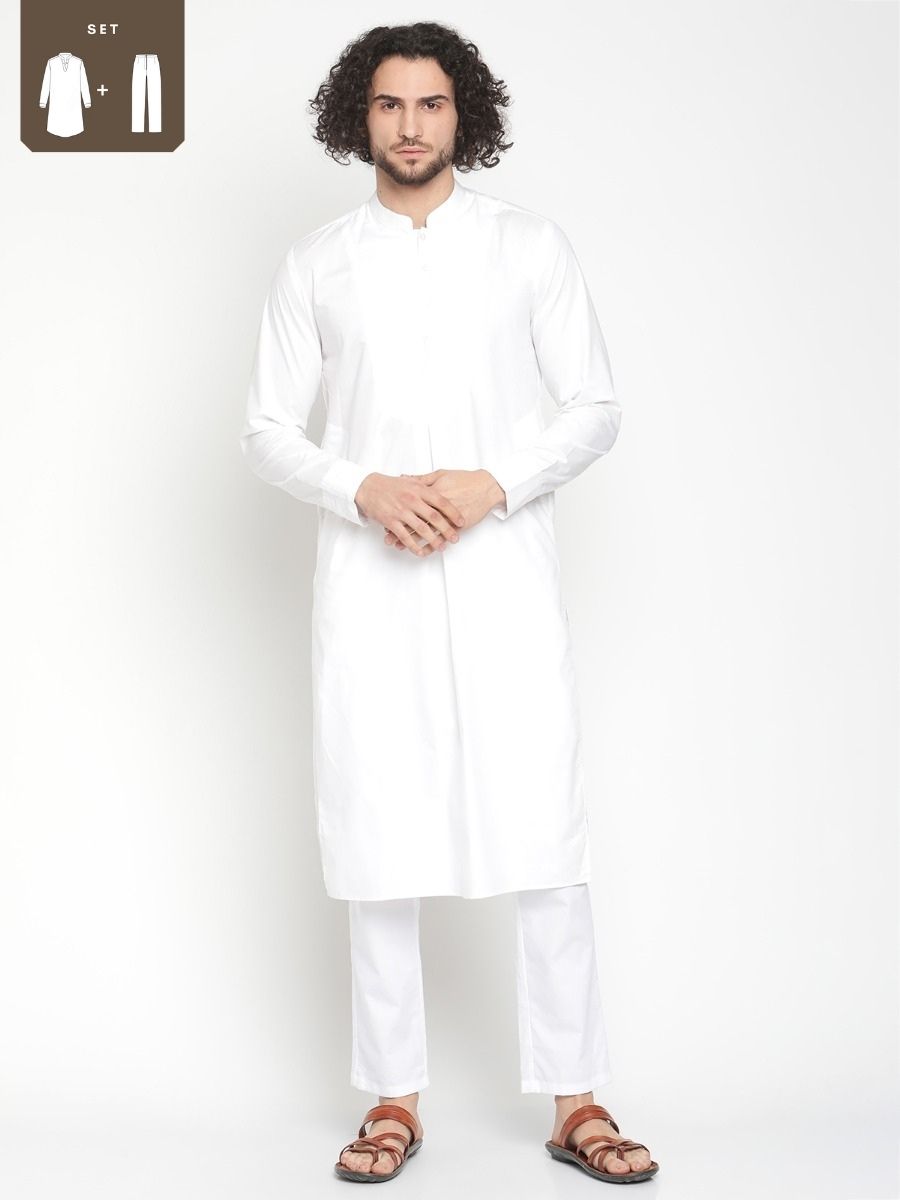 Men White Pleated Poplin Kurta With Straight Pyjama