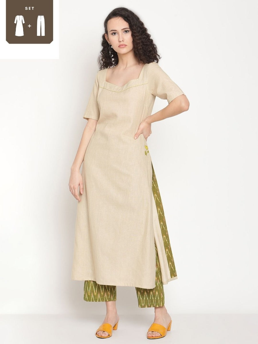 Sandy Fawn Kurta with Hand-embroidered Details and Pant