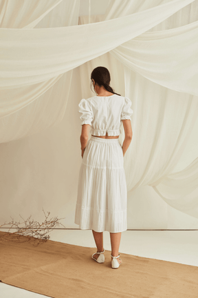 Overlapped puff sleeve crop top with button down pleated hem tiered skirt -Marshmallow White