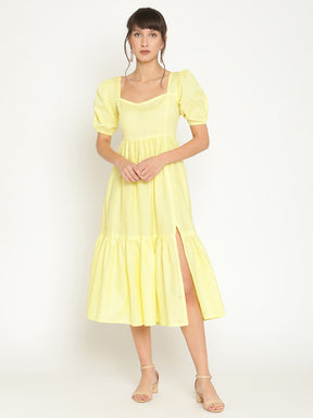 Puff sleeves midi tiered dress with slit-Lemon