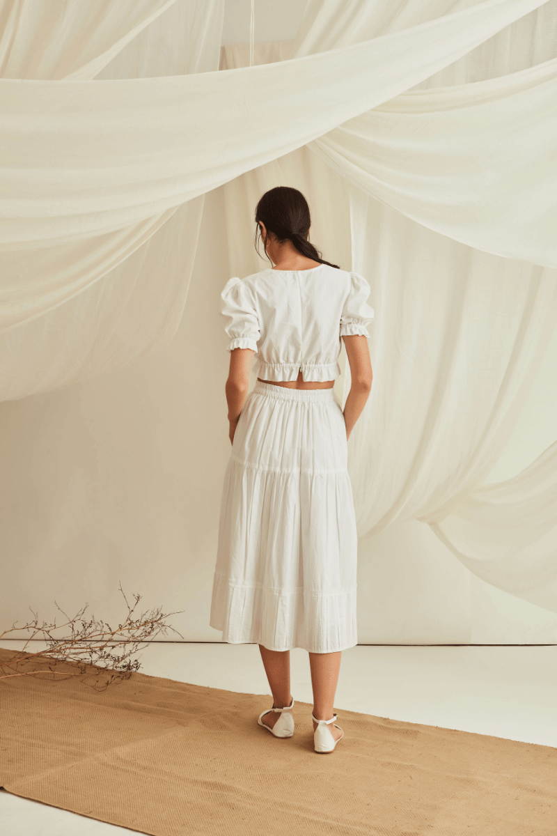Overlapped puff sleeve crop top with button down pleated hem tiered skirt -Marshmallow White