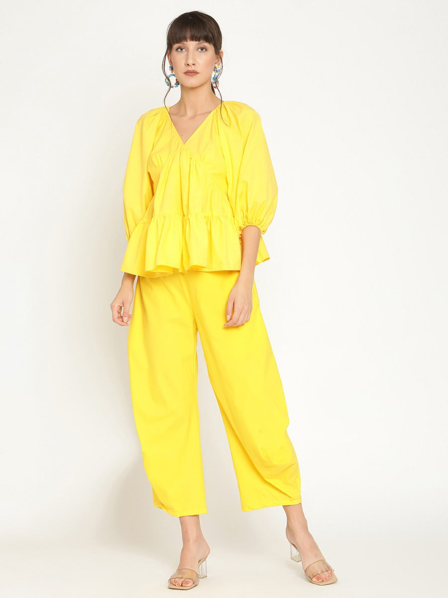 Balloon sleeve tiered cotton poplin top with pleated pants - Sunshine Yellow