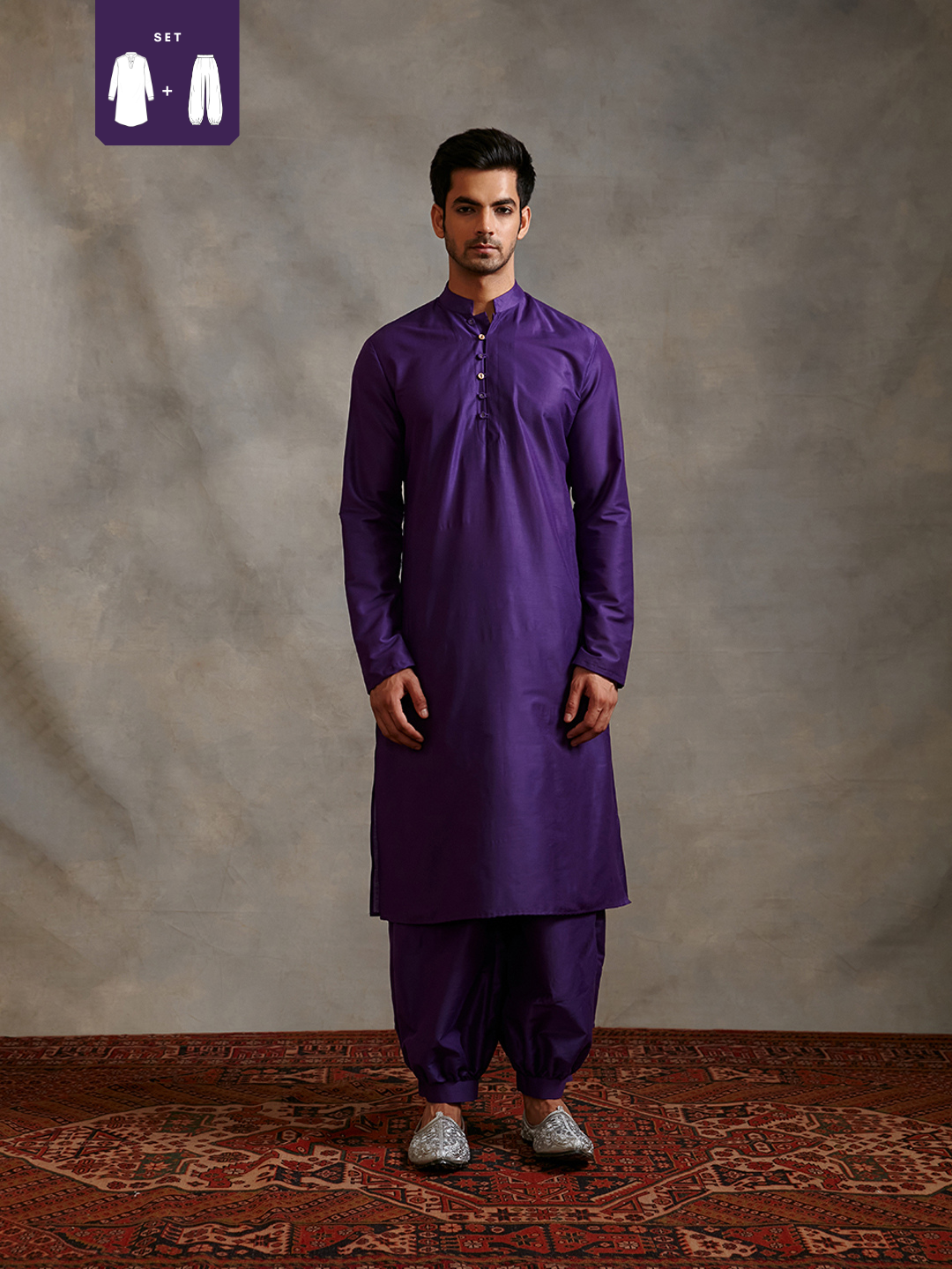 Banarasi Mandarin collar kurta Set - Royal purple