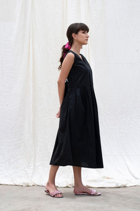 Midnight-Black Cotton Poplin Box Pleated Dress
