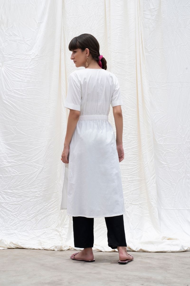 White Elasticated Waistline Cotton A-Line Kurta