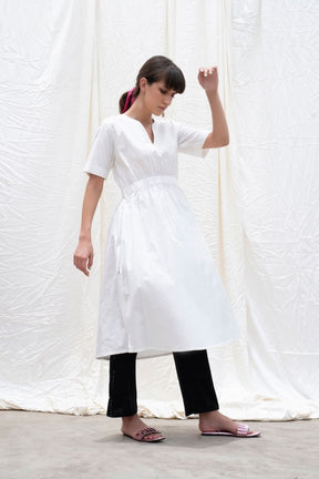 White Elasticated Waistline Cotton A-Line Kurta