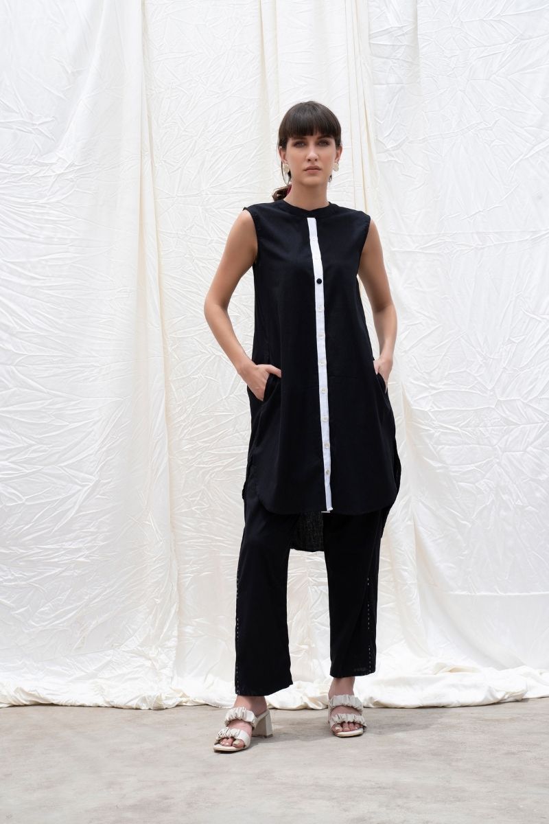 Midnight-Black Mangalgiri Cotton High-Low Kurta