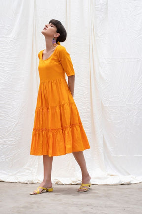 Oriole-Orange Mangalgiri Cotton Tiered Dress