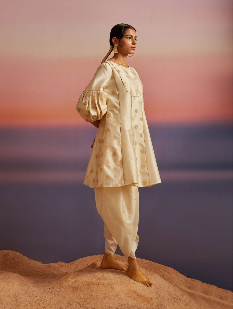 Cloud Cream Banarasi Kurti Set With Tulip Dhoti