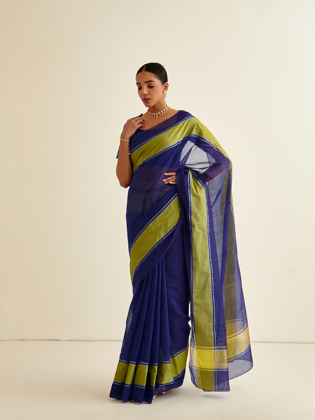 Banarasi Woven sari with contrasting green border- Dark indigo