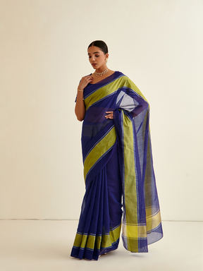 Banarasi Woven sari with contrasting green border- Dark indigo