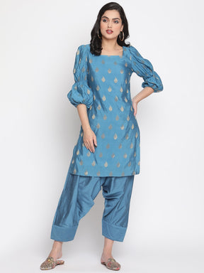 Coral-Blue Marie Sleeves Banarasi Kurta