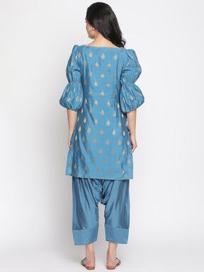 Coral-Blue Marie Sleeves Banarasi Kurta