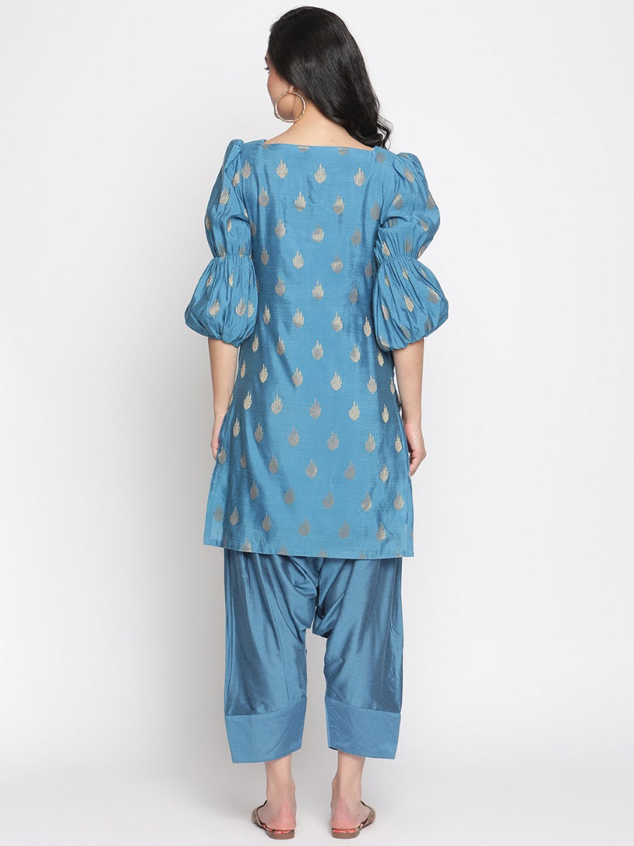 Coral-Blue Marie Sleeves Banarasi Kurta