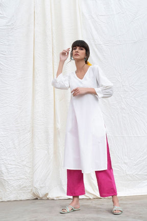 Marshmellow White Cotton Poplin A-Line Kurta With Pants