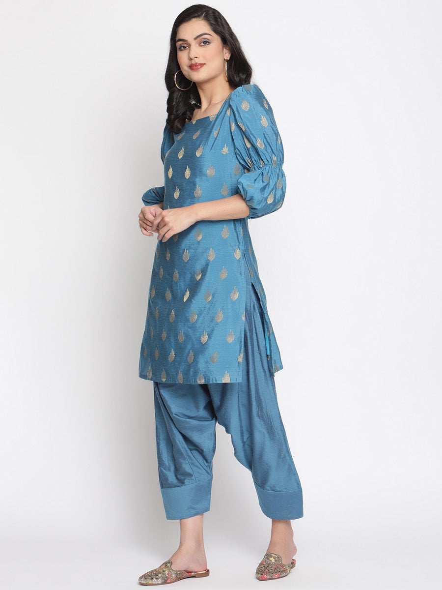 Coral-Blue Marie Sleeves Banarasi Kurta
