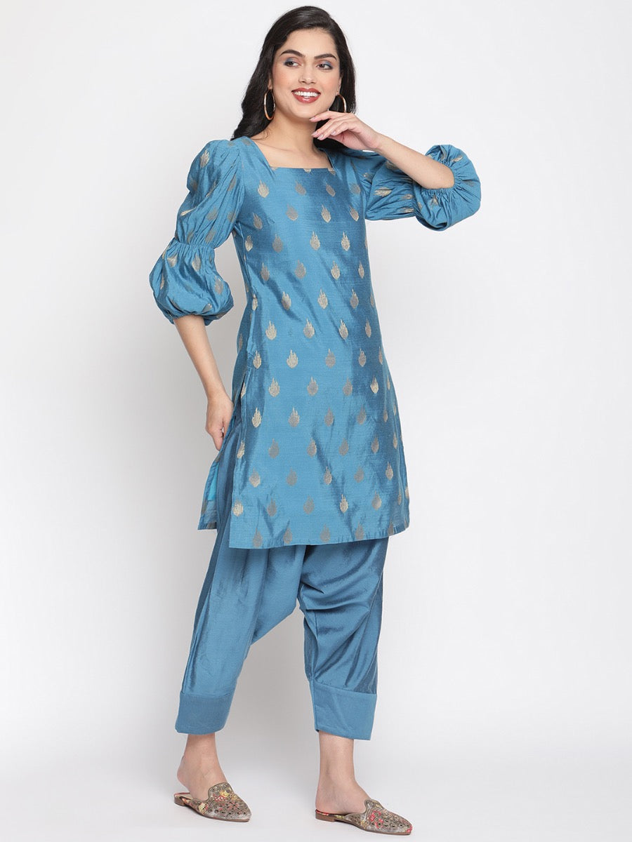 Coral-Blue Marie Sleeves Banarasi Kurta