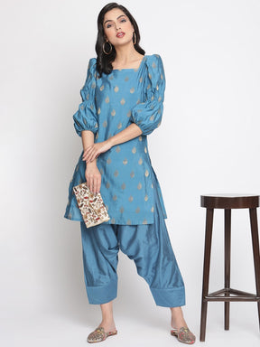 Coral-Blue Marie Sleeves Banarasi Kurta