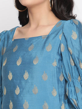 Coral-Blue Marie Sleeves Banarasi Kurta