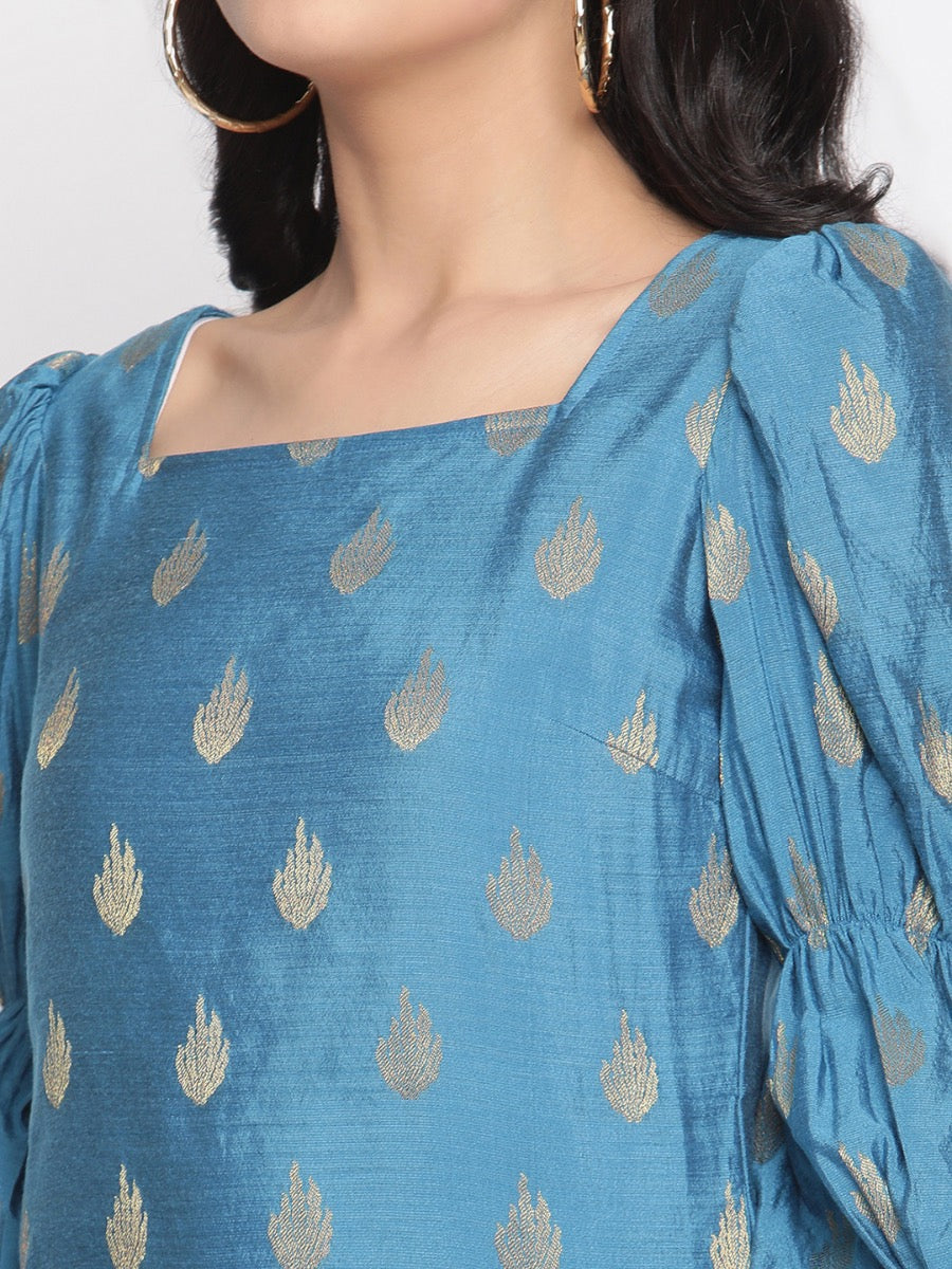 Coral-Blue Marie Sleeves Banarasi Kurta