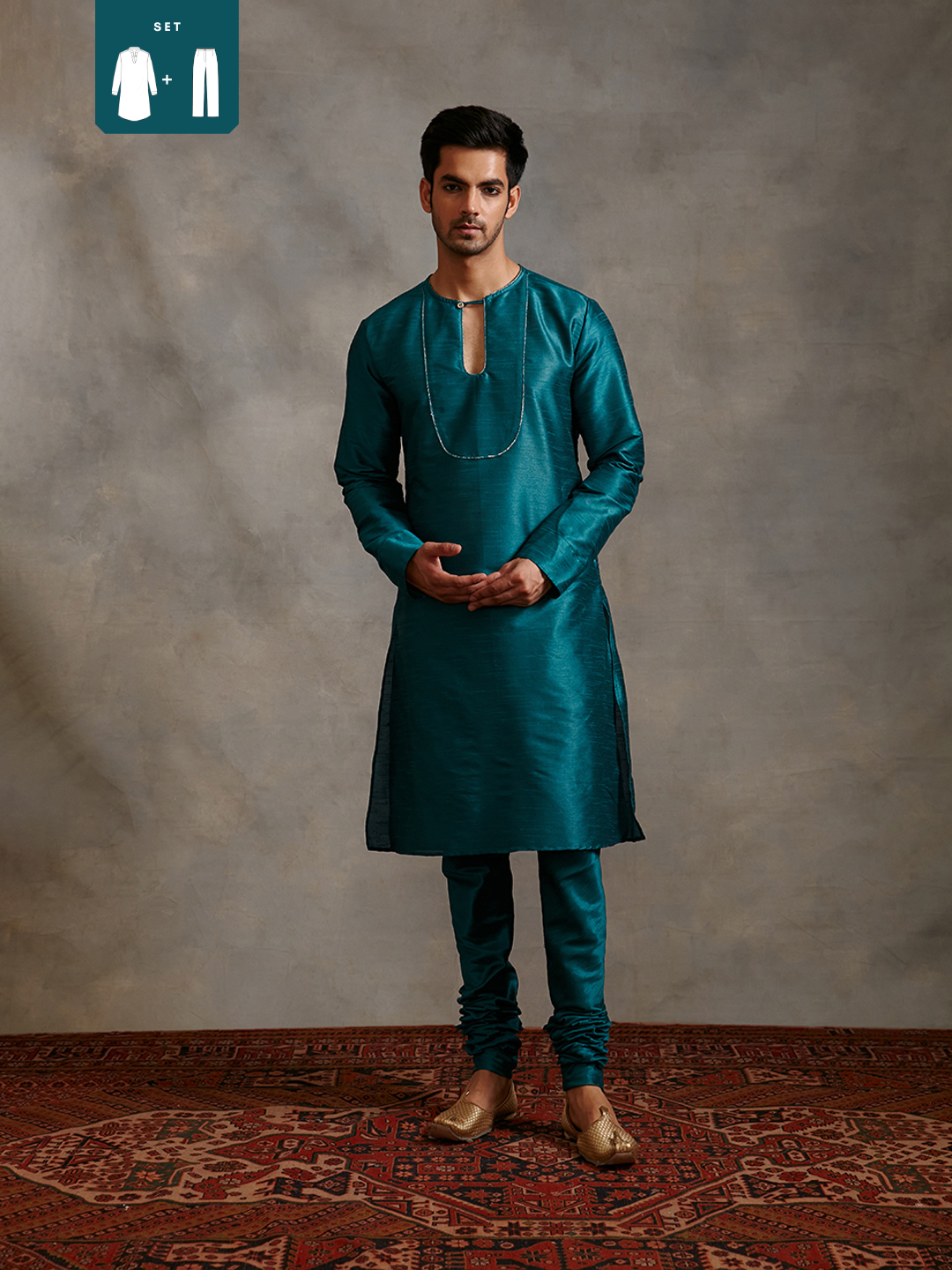 Banarasi Keyhole neck kurta with straight pants-teal blue
