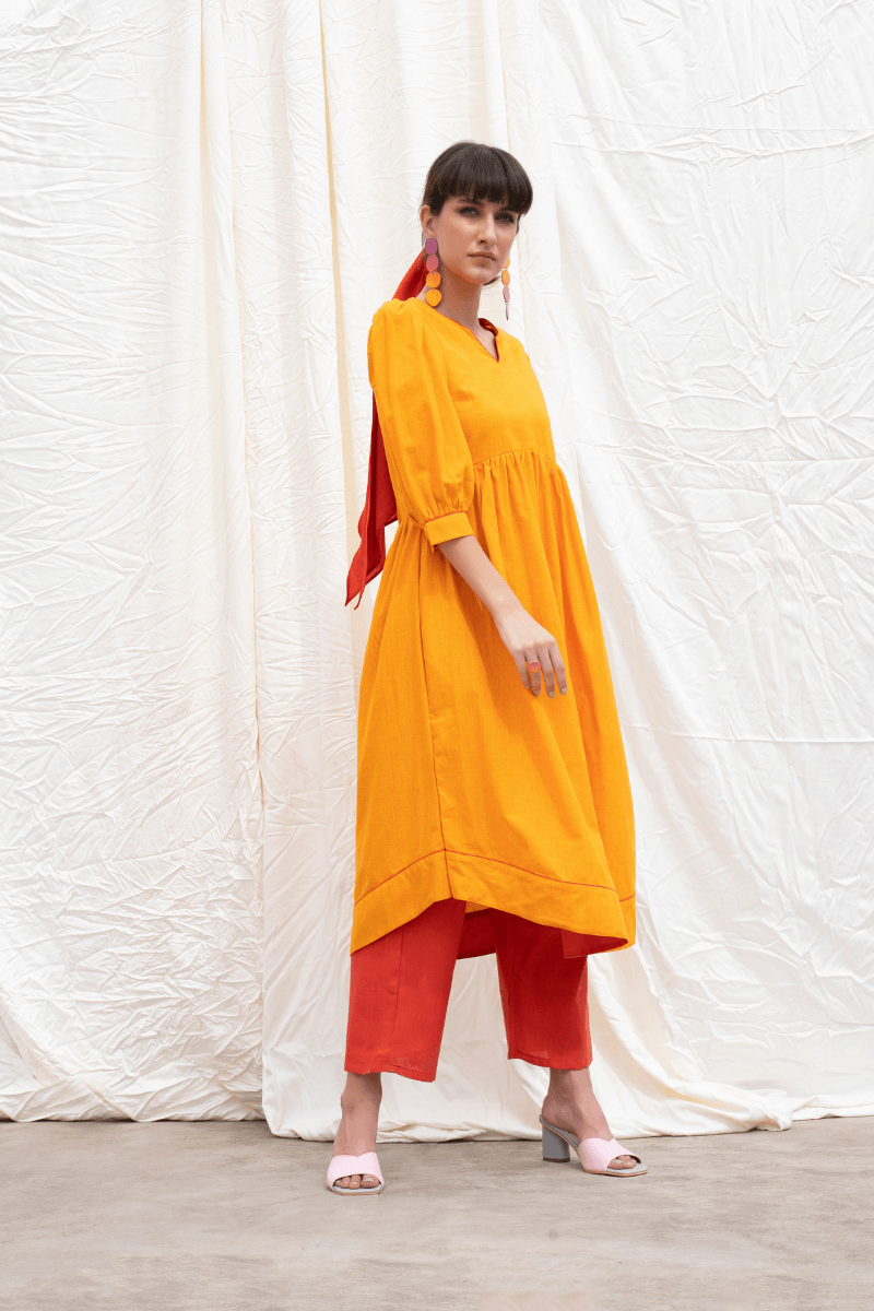 Oriole Orange Mangalgiri Gathered Kurta With Pants