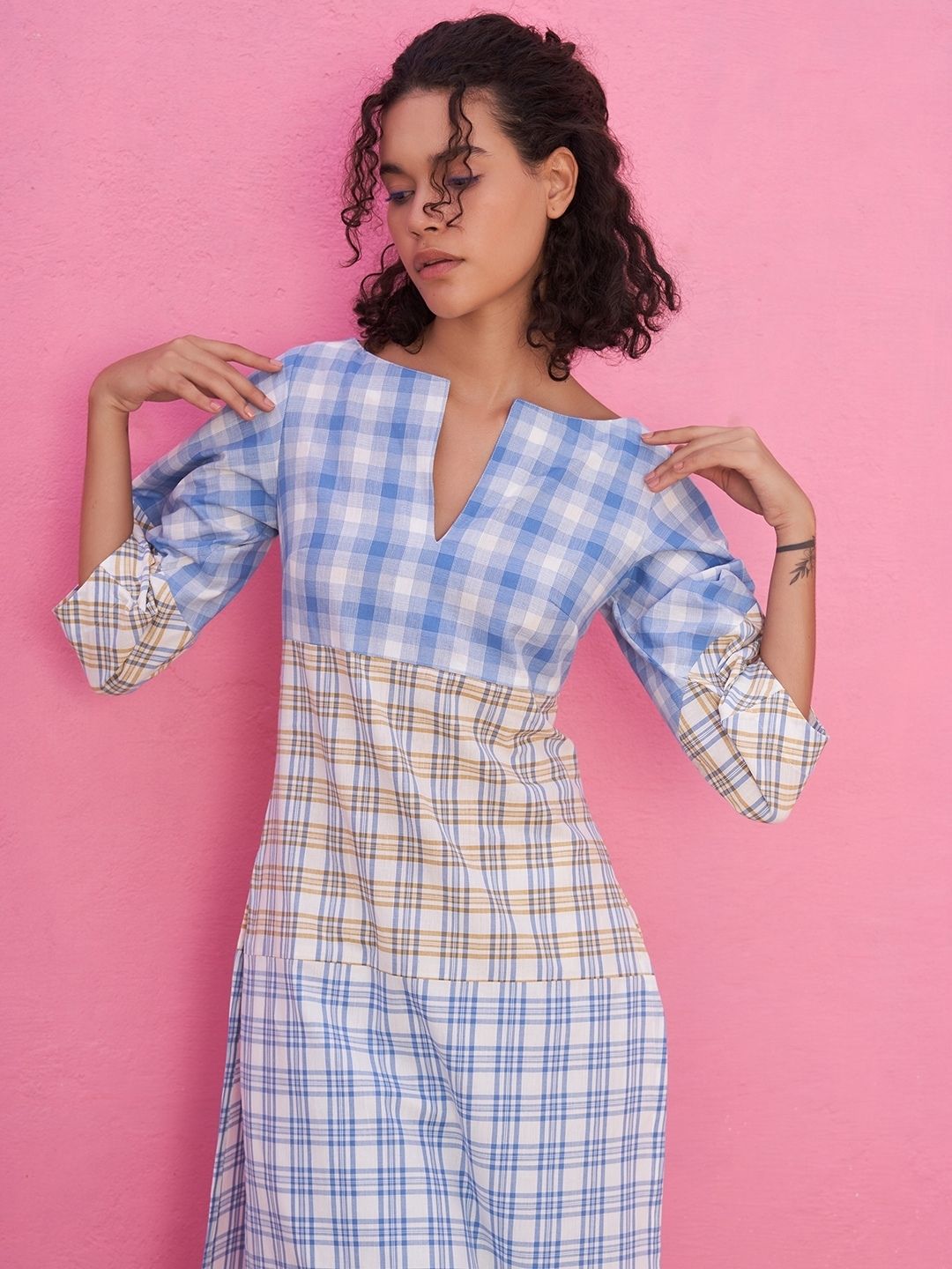 Multiple Checks Panelled Kurta with Boat Neckline