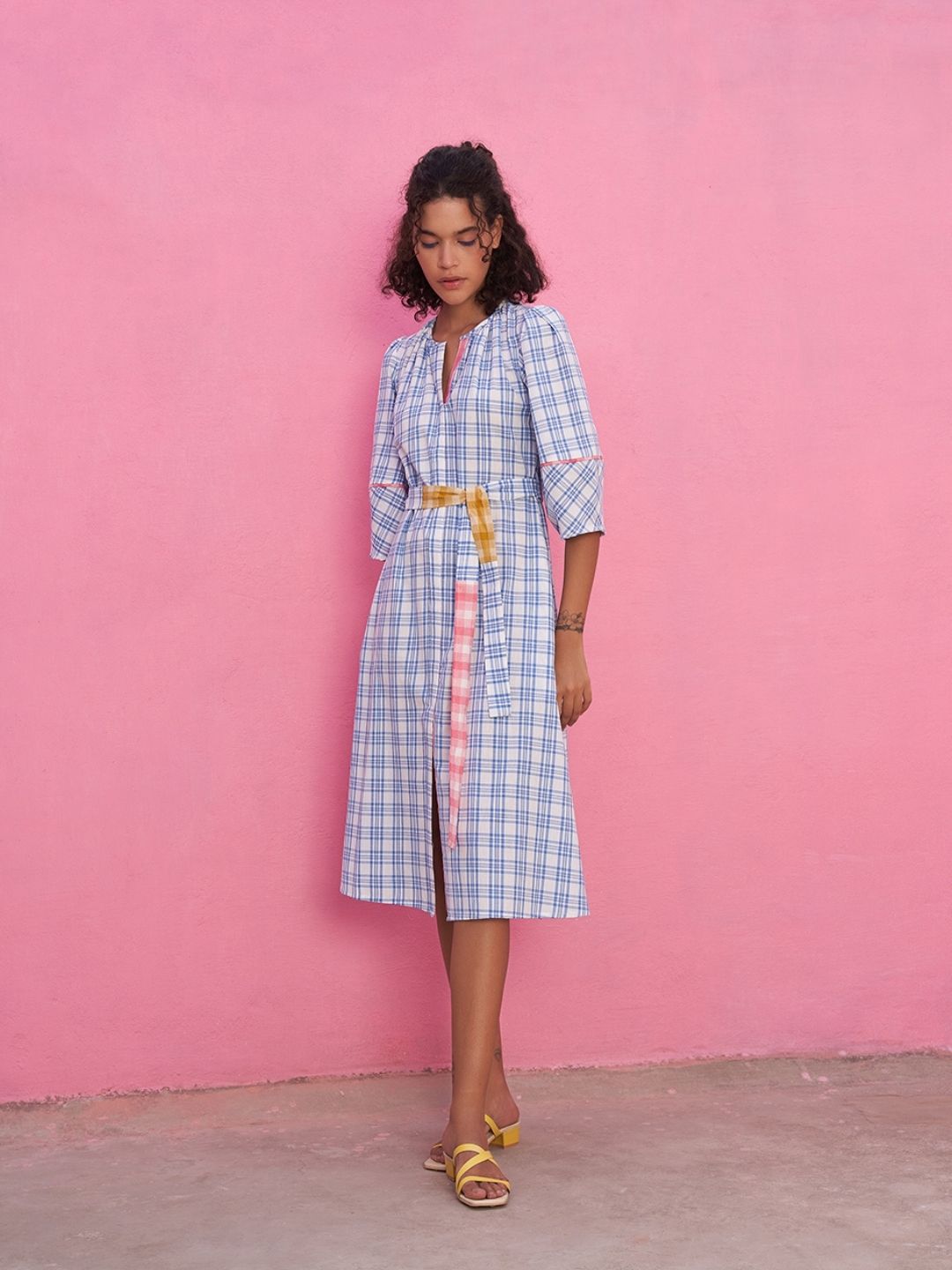 A- Line Plaid Check Dress with Lantern Sleeves