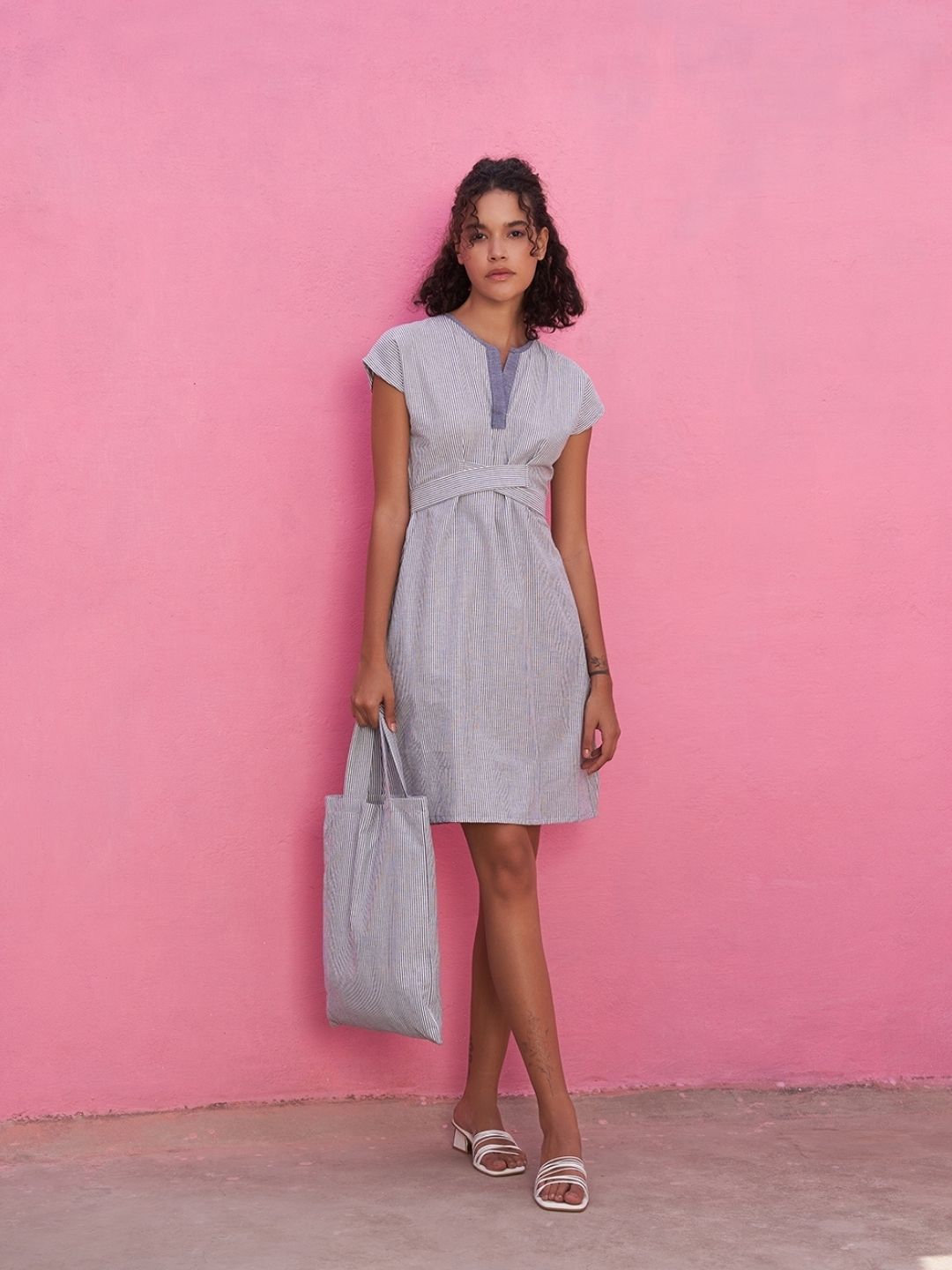 Cross Tie-up Chambray Dress with A-line Silhouette