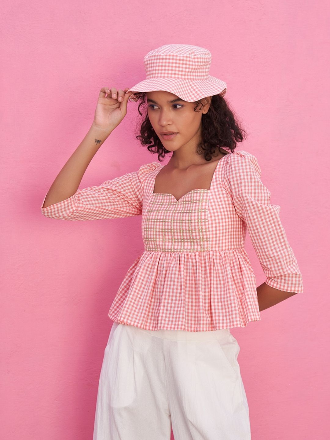 Peplum Top in Gingham Checks with Sweetheart Neckline